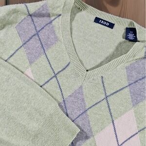 Izod V-neck argyle‎ sweater Men's L .Vintage Green, Blue, White L/S Lightweight
